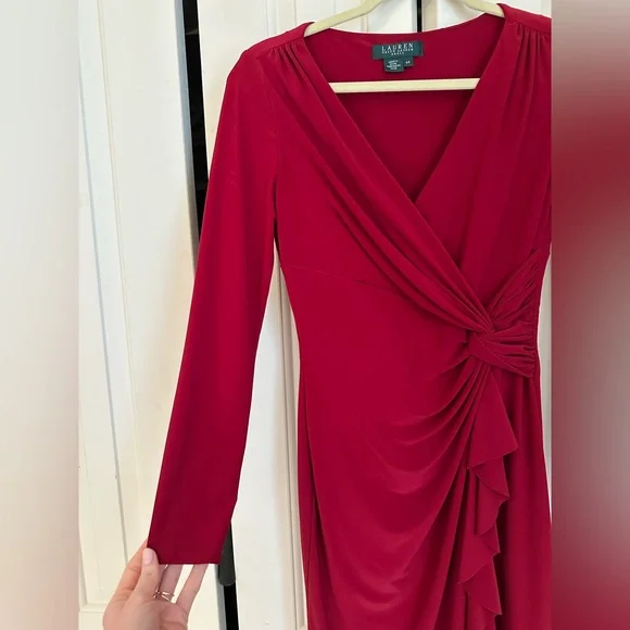 Lauren Ralph Lauren Red Ruched Wrap Cocktail Dress - Picture 5 of 7